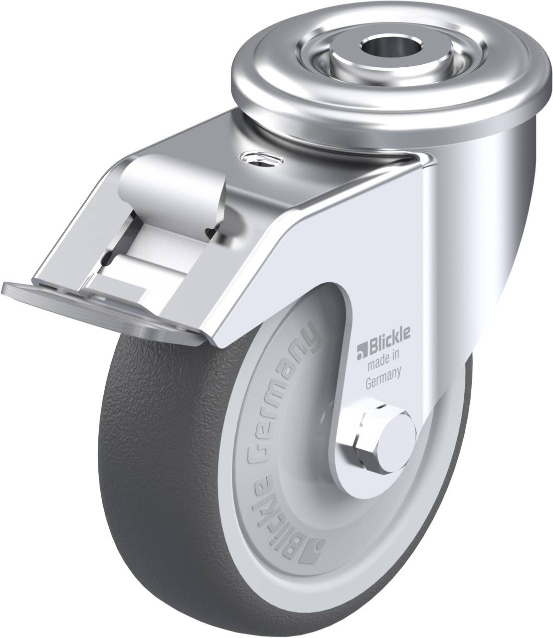 Metallrolle mit grauem Gummireifen und Befestigungsplatte, geeignet für industrielle Anwendungen.