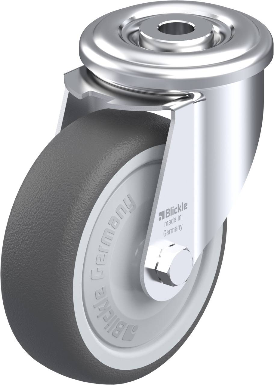 Eine einzelne Rolle mit silbernem Gehäuse und grauem Rad, darauf die Aufschrift 'Blickle made in Germany'.