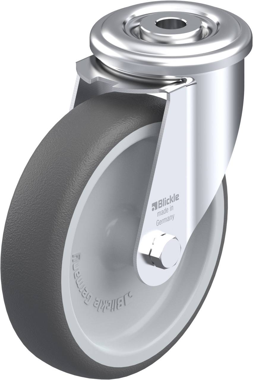 Graues Lenkrolle-Rad mit Metallgabel, hergestellt in Deutschland. Industrielles Design für Lastwagen oder Möbel.