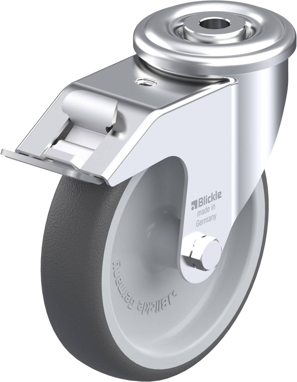 Ein einzelnes, graues Lenkrolle mit Metallhalterung, geeignet für industrielle Anwendungen. Markenname und Herkunftsland sind sichtbar.