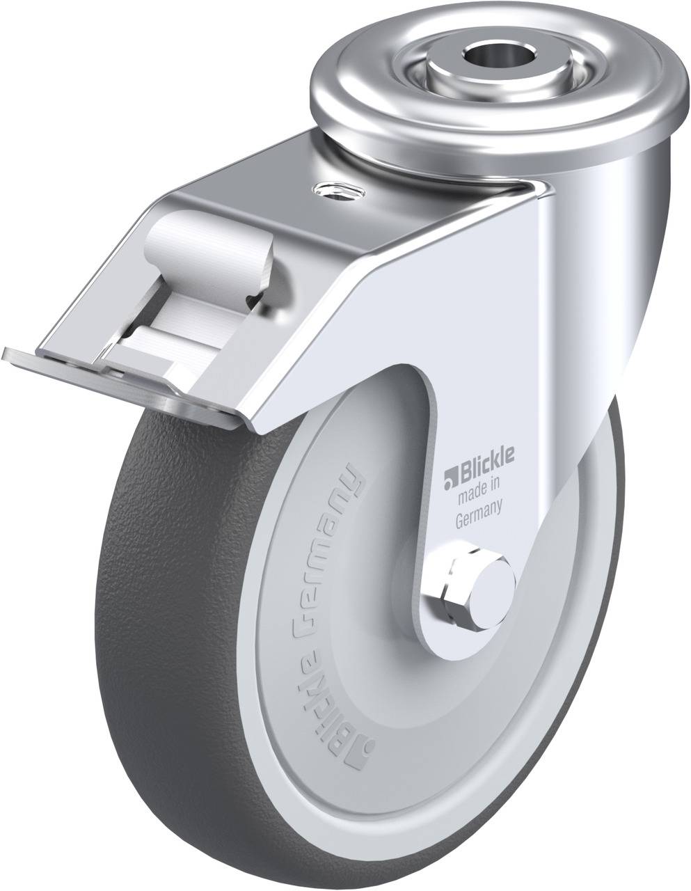 Schwenkrolle aus Metall mit grauem Gummirad, Aufschrift 'Blickle - made in Germany'.