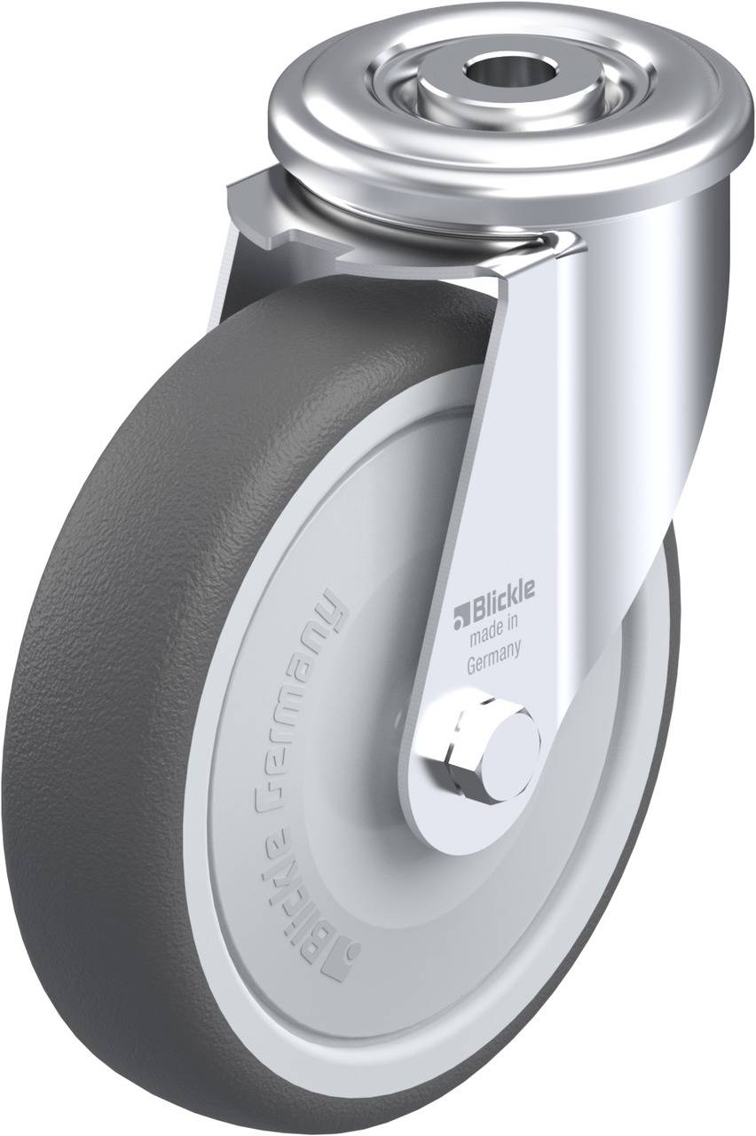 Ein silberfarbenes Rad mit grauem Gummi und metallener Halterung, hergestellt in Deutschland, geeignet für Möbel oder Geräte.