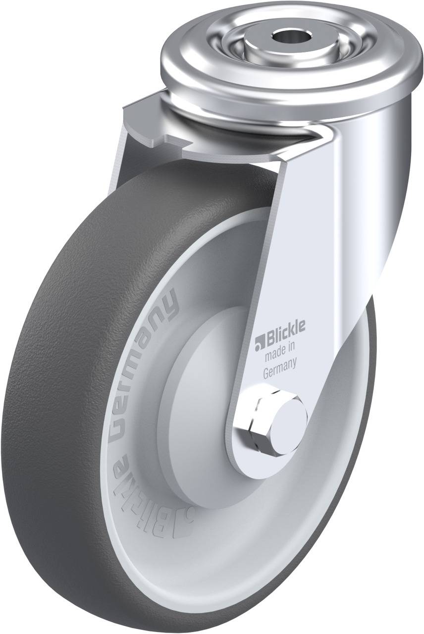 Lenkrolle mit grauem Gummirad und silbernem Radgehäuse, Aufschrift 'Blickle made in Germany' auf der Seite.