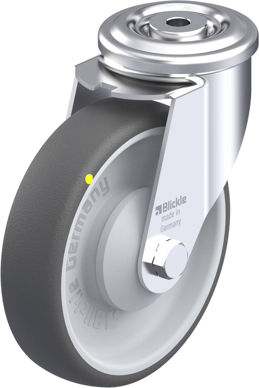 Metallrolle mit grauem Rad von 'Blickle', hergestellt in Deutschland. Rolle geeignet für Transportgeräte.