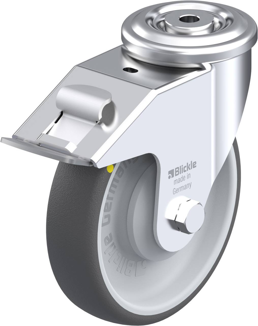 Graues Schwenkrolle mit Befestigungsplatte, glänzendem Gehäuse, und Gummirad. Aufschrift 'Blickle made in Germany'.
