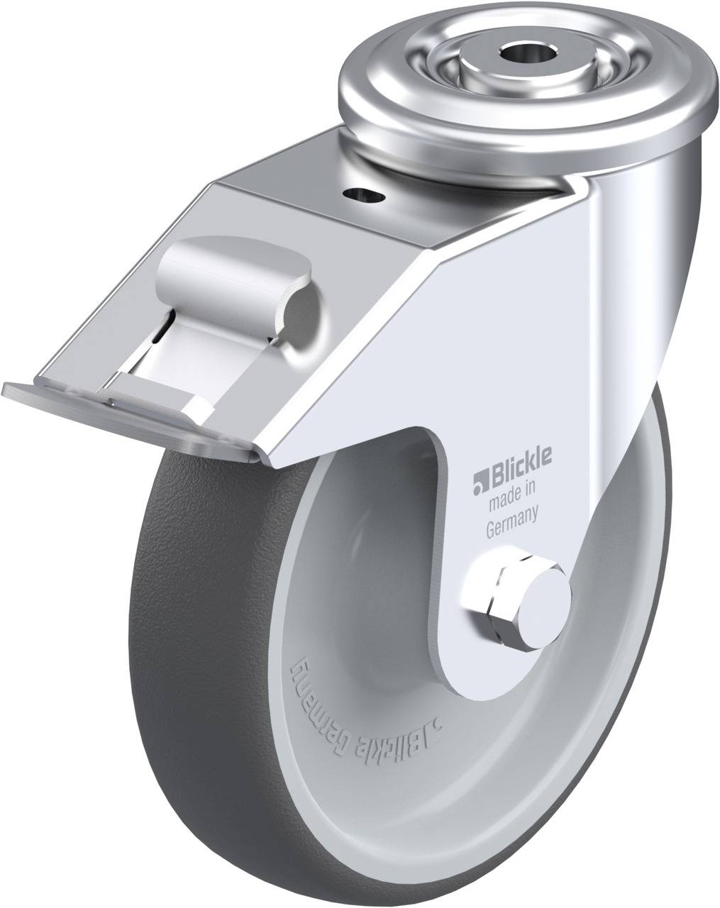 Industrie-Lenkrolle aus Metall mit grauem Kunststoffrad und Stopper, hergestellt in Deutschland. Geeignet für schwere Lasten.
