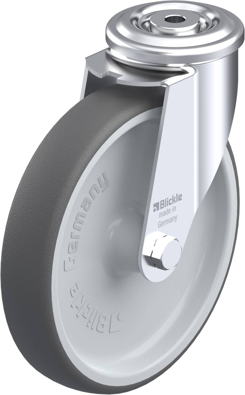 Rundes Rad aus Metall und Gummi mit der Aufschrift 'Blickle made in Germany'. Verwendet zur Bewegung oder Unterstützung schwerer Gegenstände.