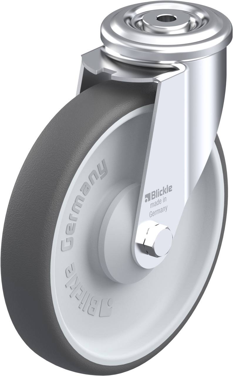 Graues Lenkrad mit Metallgehäuse, Aufdruck 'Blickle Germany'. Design für industrielle oder logistische Anwendungen.