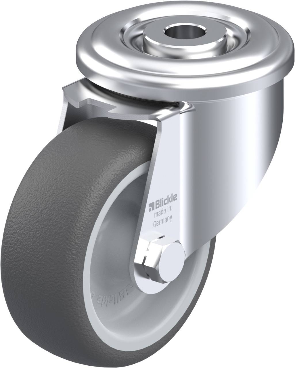 Metallische und gummierte Lenkrolle mit Halterung. Markierung zeigt 'Blickle made in Germany'. Geeignet für Möbel oder Geräte.