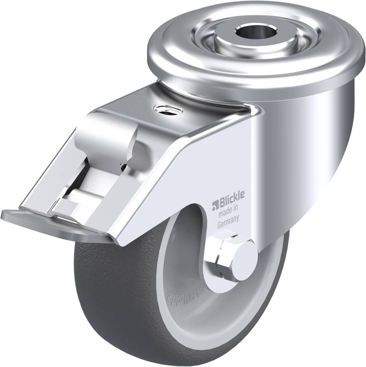 Industrie-Rollenrad aus Metall mit grauem Rad. Geeignet für Hochleistungslasten und Langlebigkeit.