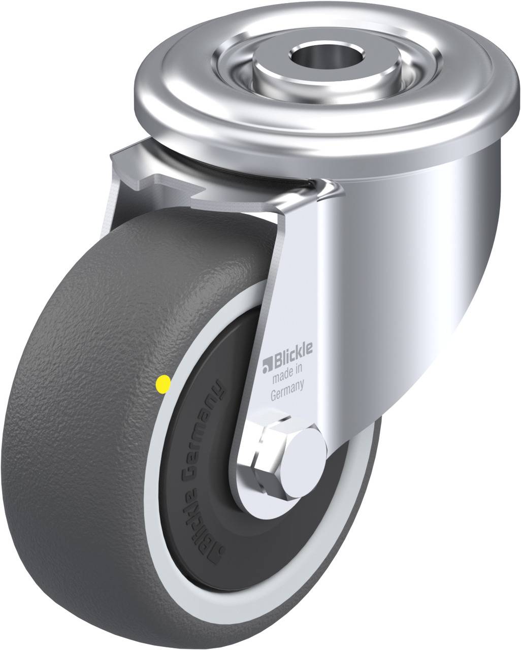 Graues Lenkrollenrad aus Metall und schwarzem Gummi von 'Blickle', geeignet für Transportgeräte.