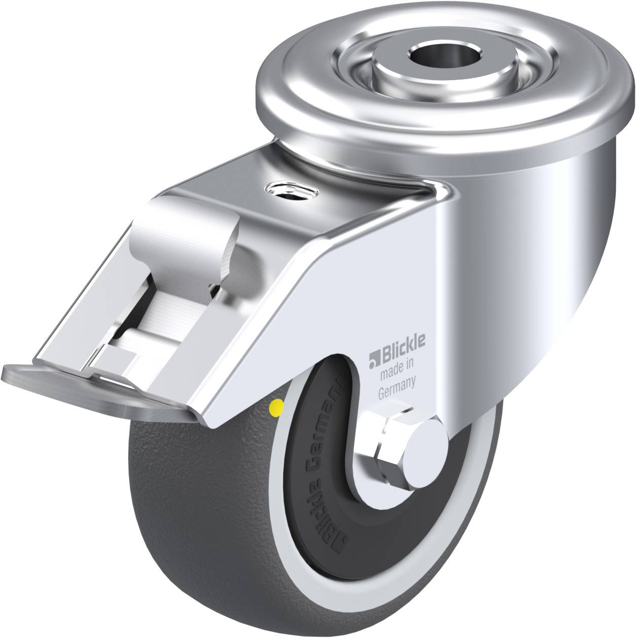 Silbernes Lenkrolle aus Metall mit schwarzem Rad. Markierung 'Blickle - made in Germany' an der Seite des Rades.