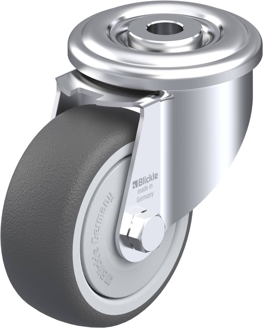Grau-schwarzes Laufrollenrad mit Metallhalterung, vorgesehen für Schwerlastanwendungen. Markiert mit 'Blickle, made in Germany'.