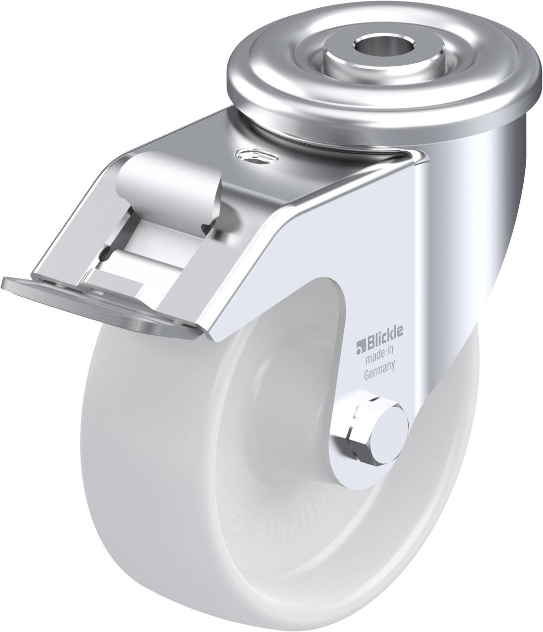 Silberne Rollenhalterung mit weißem Rad, geeignet für Möbel oder Geräte. Oberer Teil glänzend, Rad stabil und robust.