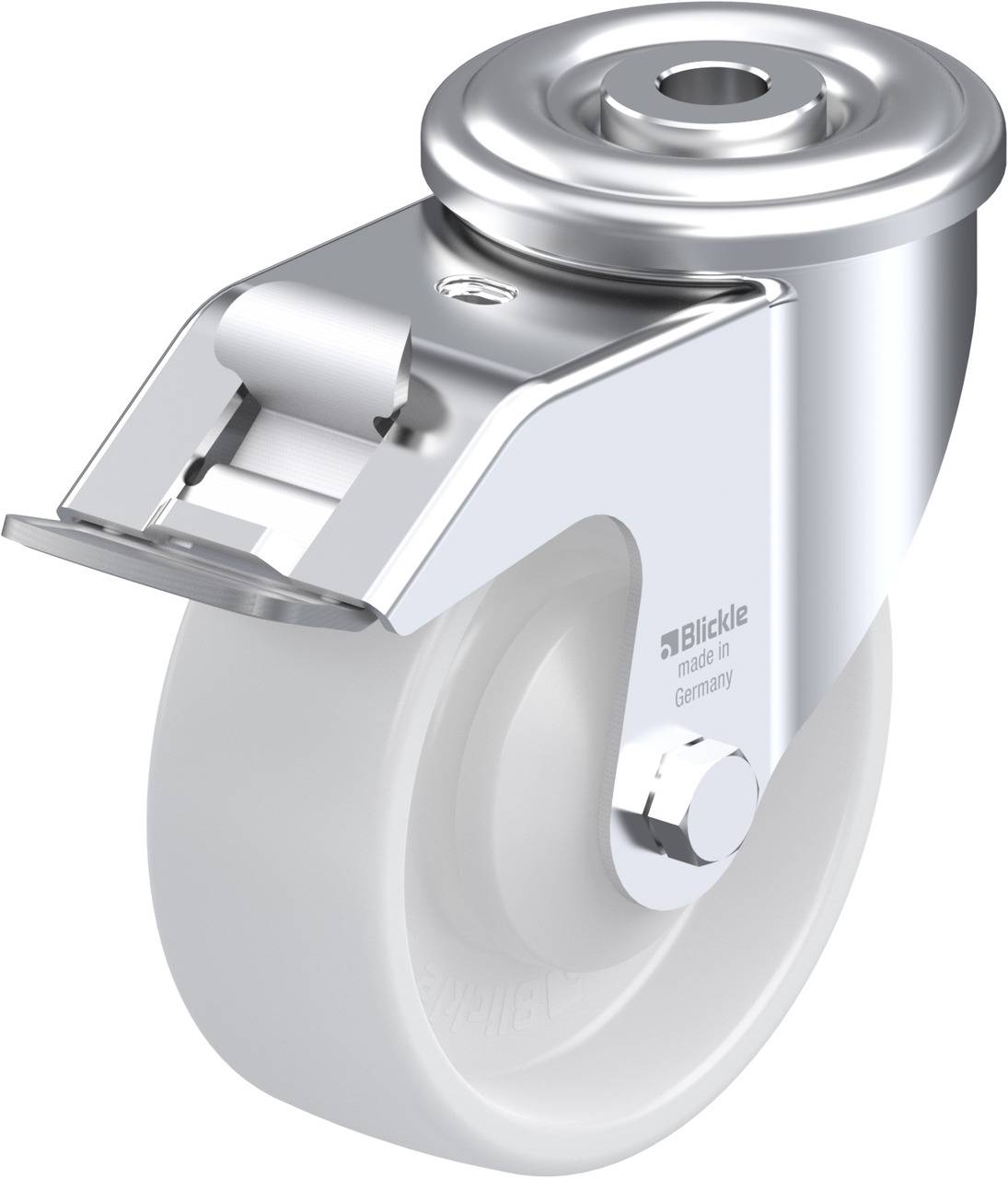 Schwenkrolle aus Metall mit weißem Rad. Text auf der Rolle: 'Blickle made in Germany'. Funktioniert als Lenkrolle für mobile Geräte.