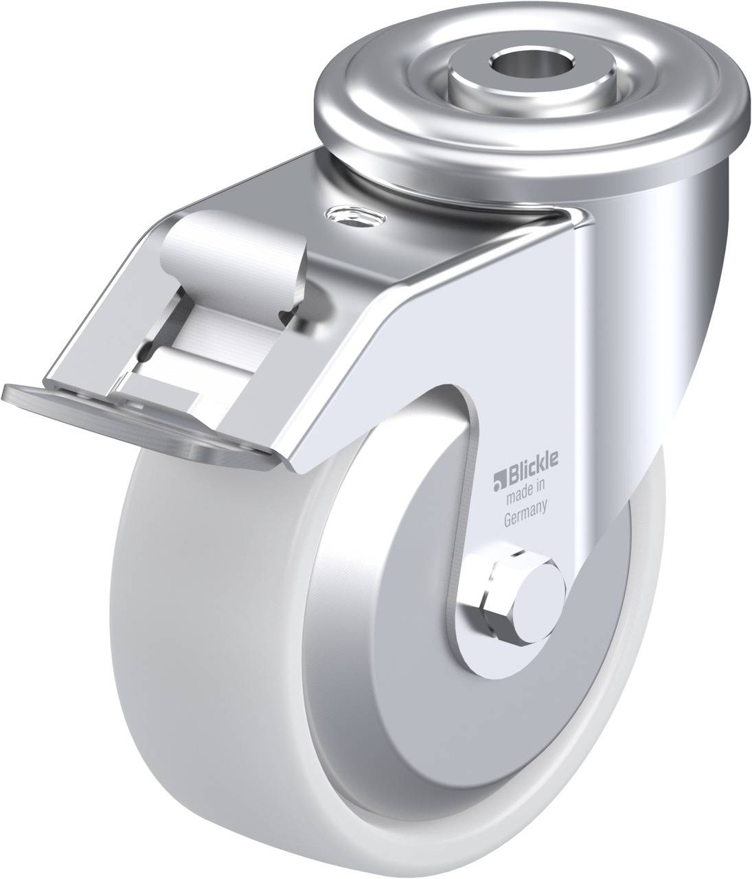 Metallisches Lenkrolle mit grauem Rad und Plattenbefestigung, von der Marke Blickle, geeignet für den Einsatz bei Möbeln oder Geräten.