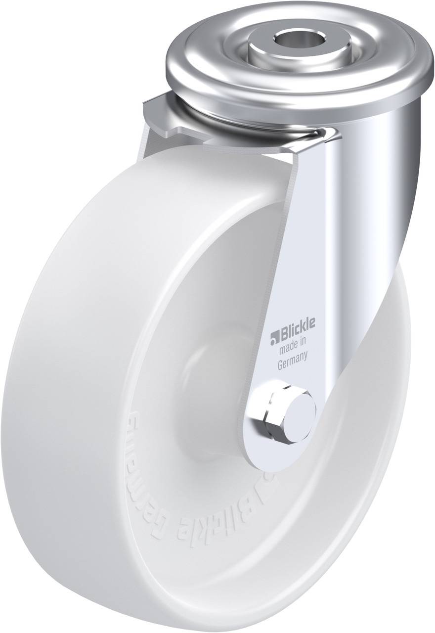 Schwenkbare Rolle mit weißem Rad und silbernem Gehäuse. Geprägt mit 'Blickle' Logo und 'Made in Germany'. Geeignet für den Transport.