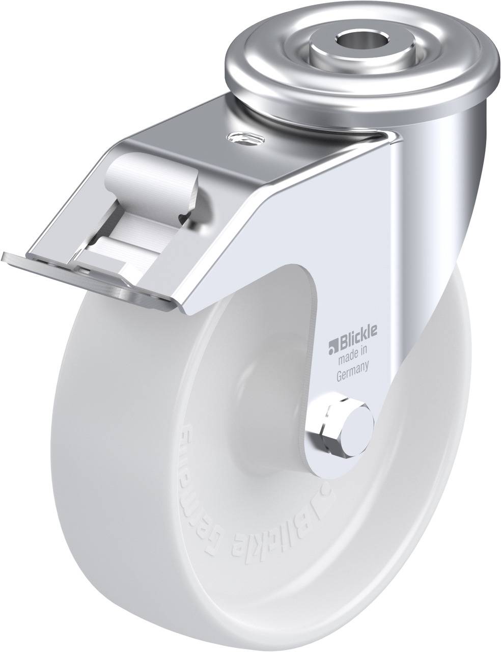 Industrie-Schwenkrolle mit Metallgehäuse und weißem Rad. Geeignet für schwere Lasten.