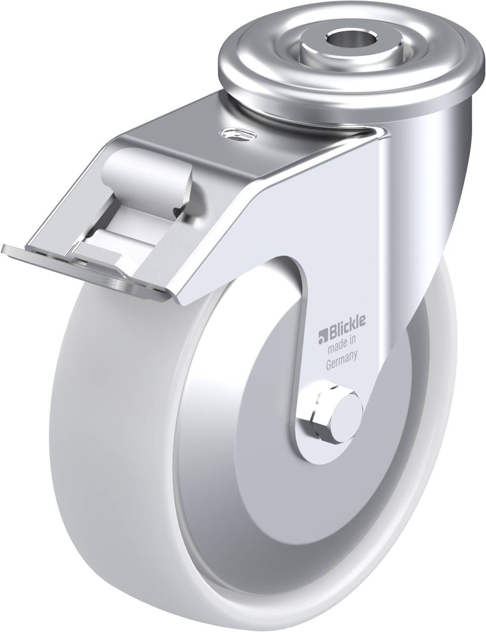 Metallrolle mit modernem Design, befestigt in einer Halterung. Die Rolle hat eine glatte, glänzende Oberfläche und ist mit 'Blickle made in Germany' beschriftet.