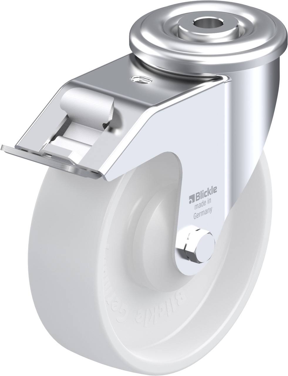 Metallrolle mit Drehgelenk und grauem Rad, geeignet für Transportgeräte. Silberne Befestigung, robustes Design für industrielle Nutzung.