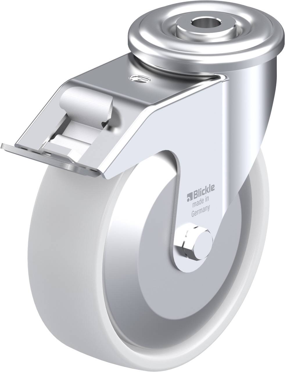 Metall-Rollenrad mit grauer, gummierter Lauffläche und Metallschwenkgelenk, geeignet für Möbel oder Geräte auf harter Oberfläche.