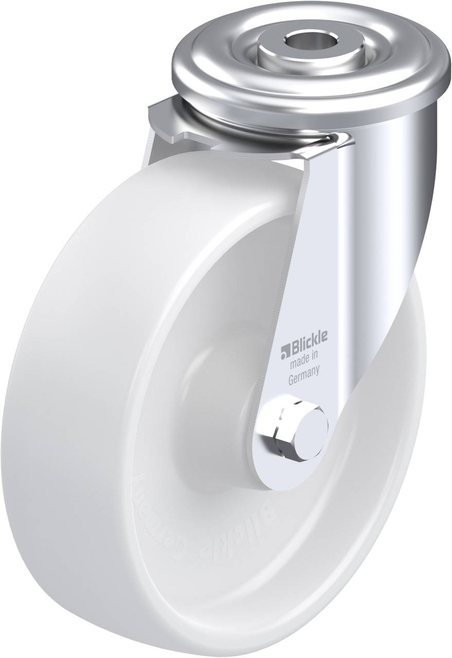 Industrie-Rolle mit weißem Rad und glänzendem Metallgehäuse, Marke 'Blickle' ist ersichtlich. Geeignet für den Einsatz an Maschinen.