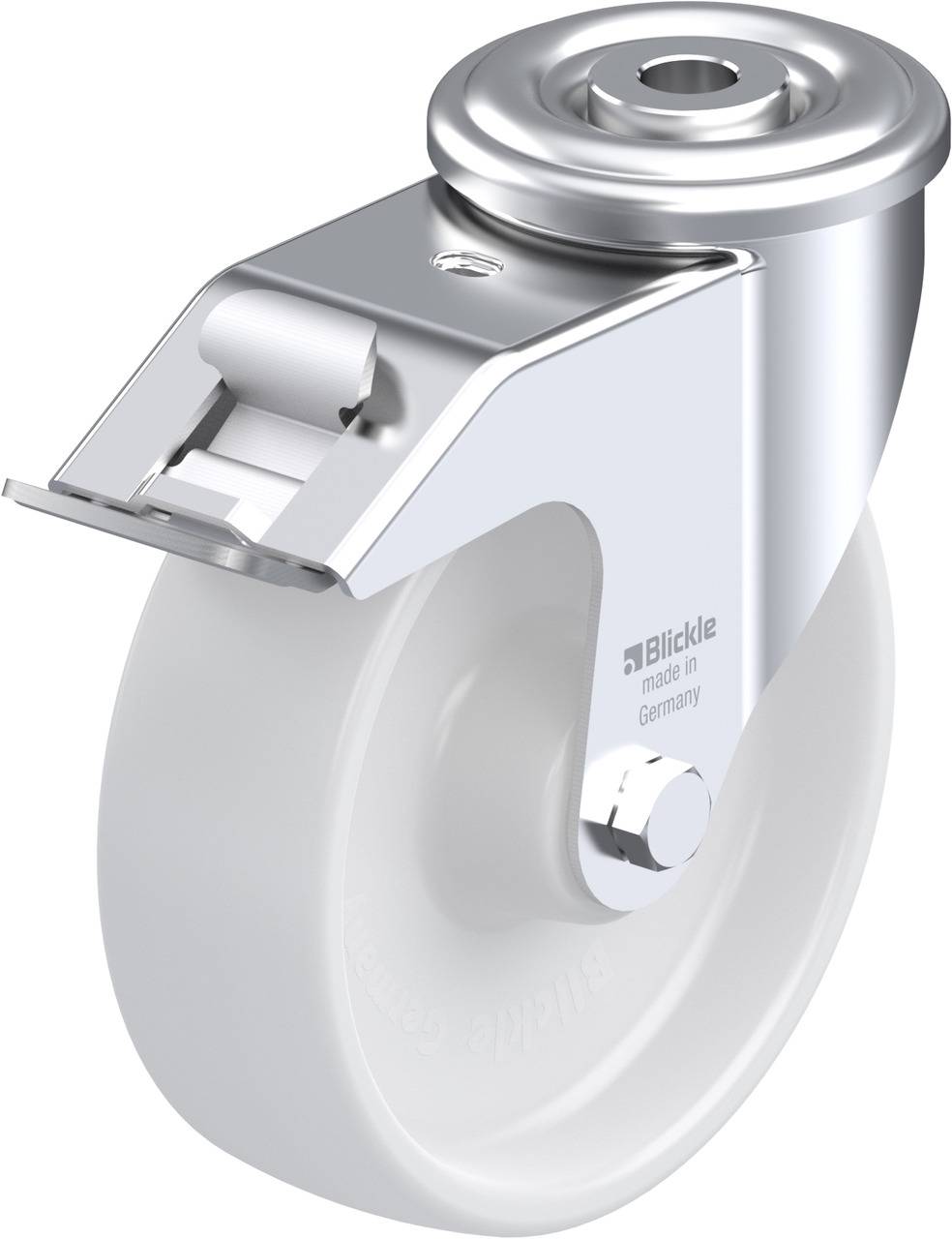 Ein robustes Lenkrolle mit weißem Rad und glänzendem Metallgehäuse, auf der 