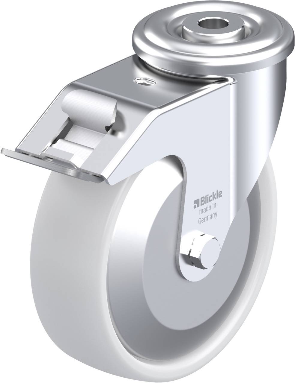 Metallradrolle mit grauem Rad und Halterung, Aufschrift 'Blickle made in Germany', geeignet für industrielle Anwendungen.