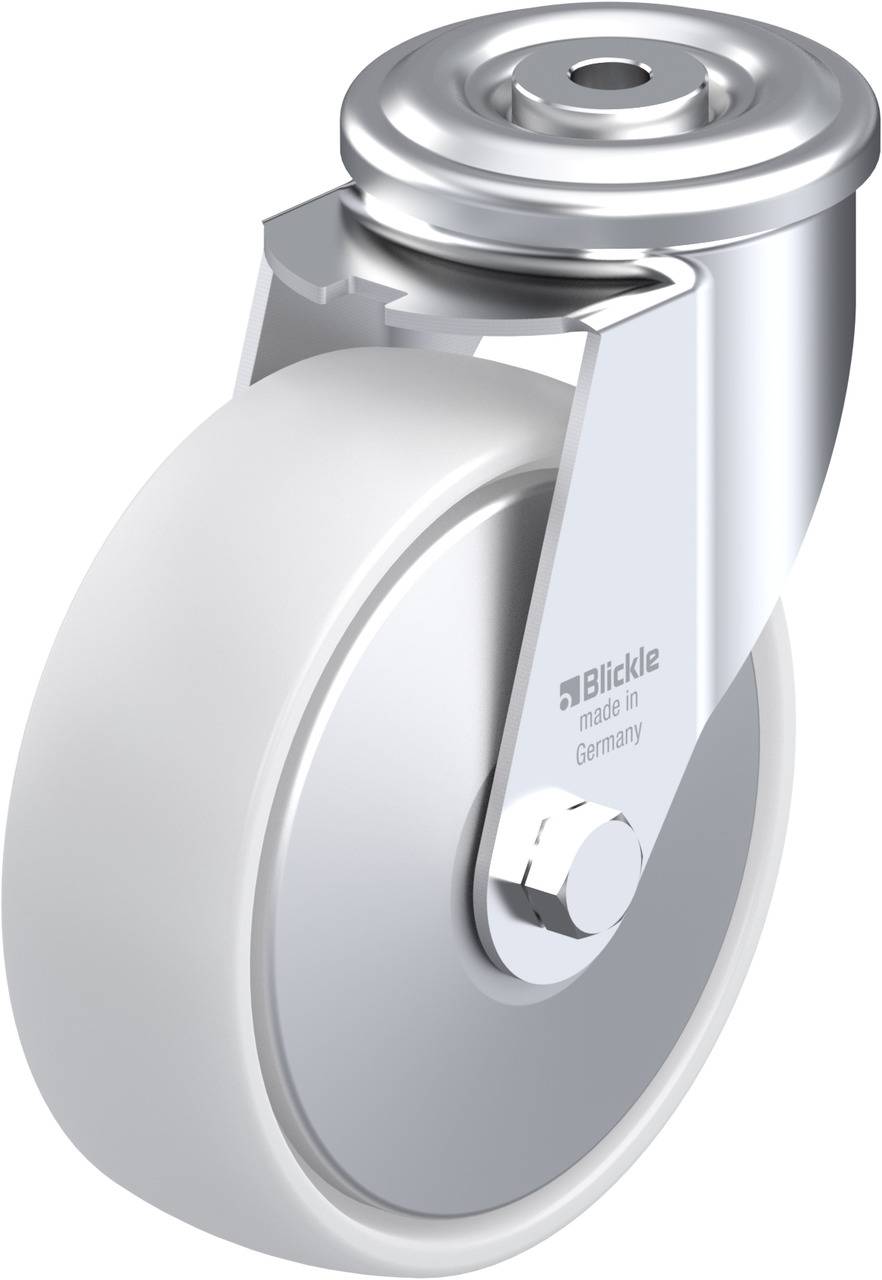 Eine silberne Lenkrolle mit weißem Rad, hergestellt in Deutschland von Blickle.
