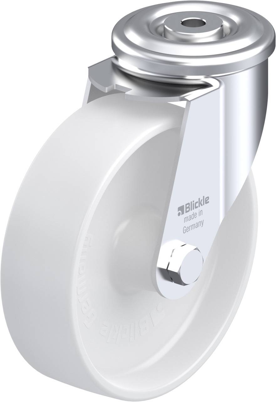 Industrie-Rolle aus weißem Kunststoff mit silbernem Metallgehäuse, Halterung oben. Markierung 'Blickle made in Germany' sichtbar.