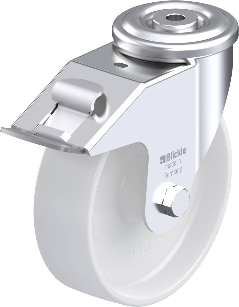 Ein silbernes Rad für Transportgeräte mit einem weißen Kunststoffreifen und Gehäuse. Herstellername sichtbar auf der Radhalterung.