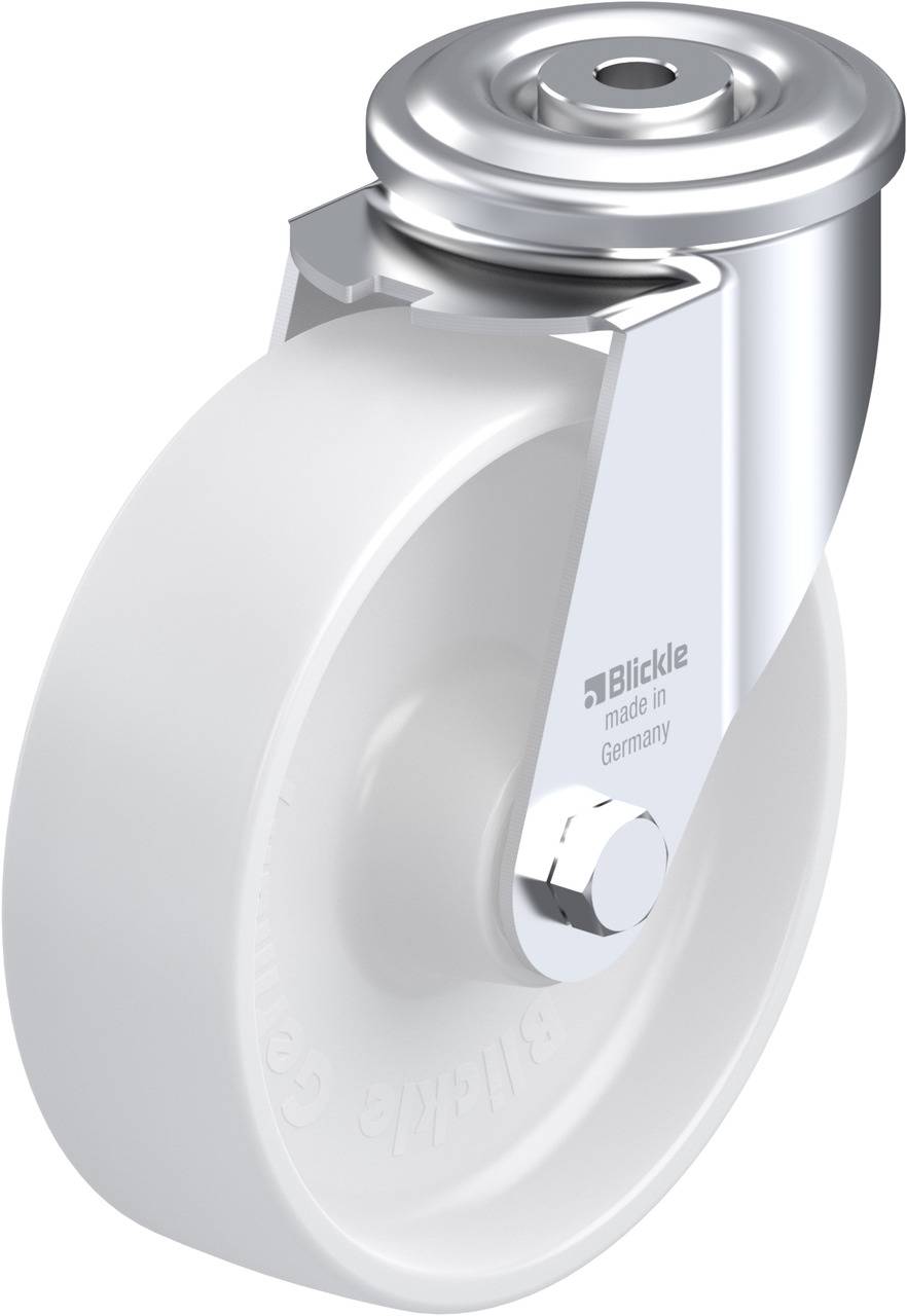 Ein silbernes Lenkrollenrad mit weißem Radkörper, aufgedruckt 'Blickle made in Germany', geeignet für Möbel oder Industrieanwendungen.