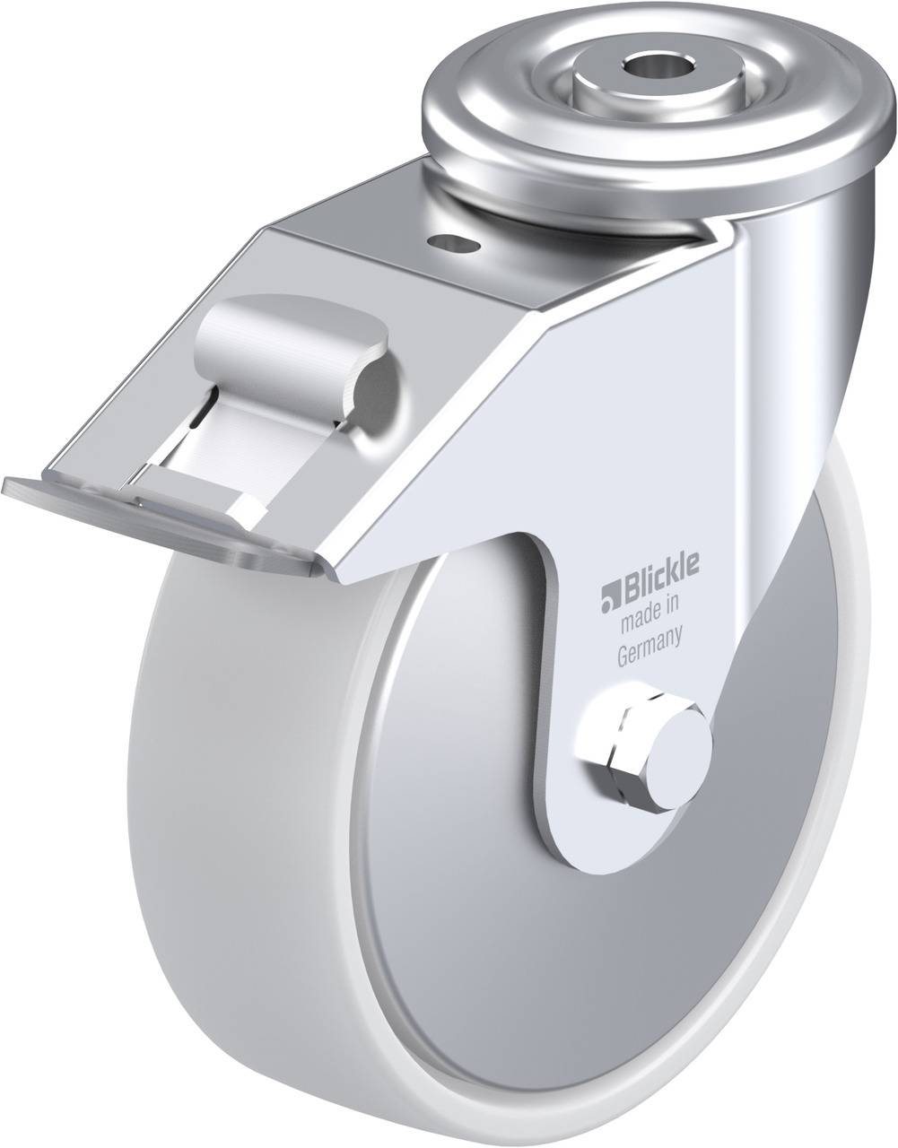 Metallenes Gehäuse mit rundem Polyurethanrad. Der Aufdruck auf der Seite lautet 'Blickle made in Germany'.