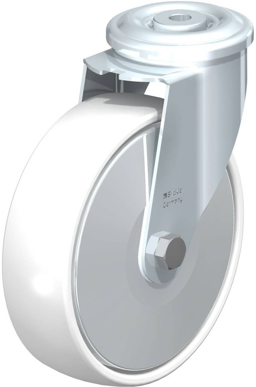 Ein einzelnes silbernes und weißes Rad, wahrscheinlich für Möbel oder Transportgeräte, mit einer Halterung zur Befestigung.