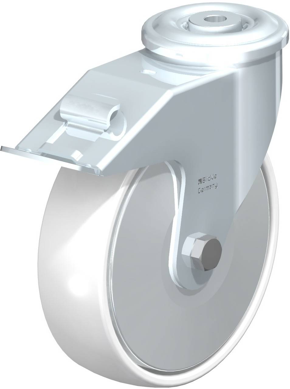 Ein weißes, offenes Rad mit Metallhalterung. Es scheint Teil eines Möbel- oder Geräte-Casters zu sein, das zum Bewegen verwendet wird.