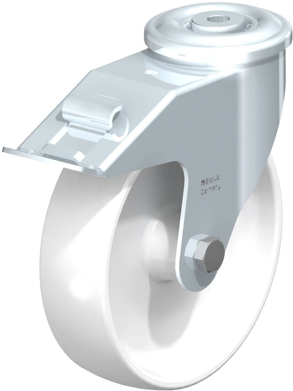 Metallenes Gehäuse-Rad mit Befestigungsplatte und Bolzenaufnahme, geeignet für bewegliche Geräte und Möbel.