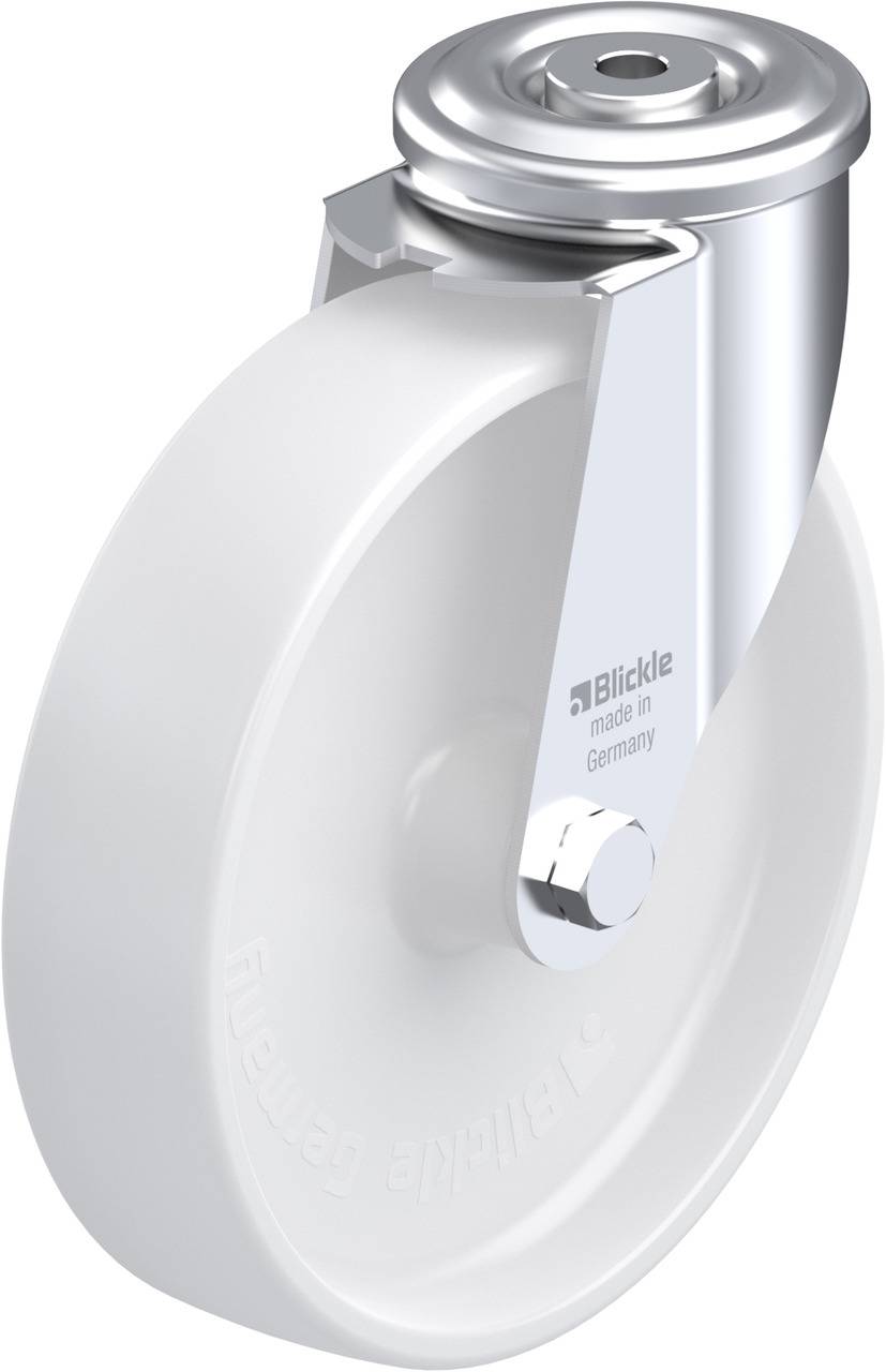 Industrie-Lenkrolle aus weißem Kunststoff mit glänzendem Metallgehäuse. Das Logo 'Blickle made in Germany' ist sichtbar.