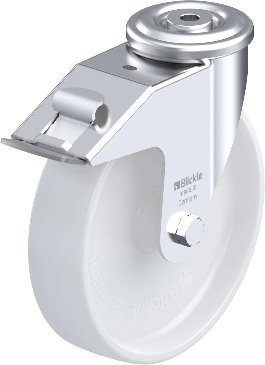 Schwenkrolle mit feststellbarem Rad, Gehäuse aus Metall, Rad aus Kunststoff; industrielle Nutzung, stabil und beweglich.