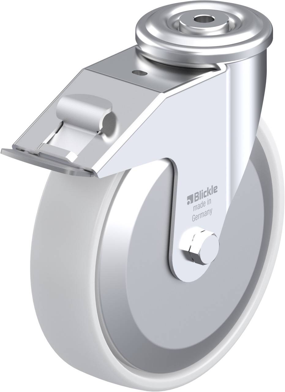 Metallisches Schwenkrollenrad mit einem weißen Rad. Oben ist eine silberne Befestigungsvorrichtung. Text auf dem Rad: 'made in Germany'.