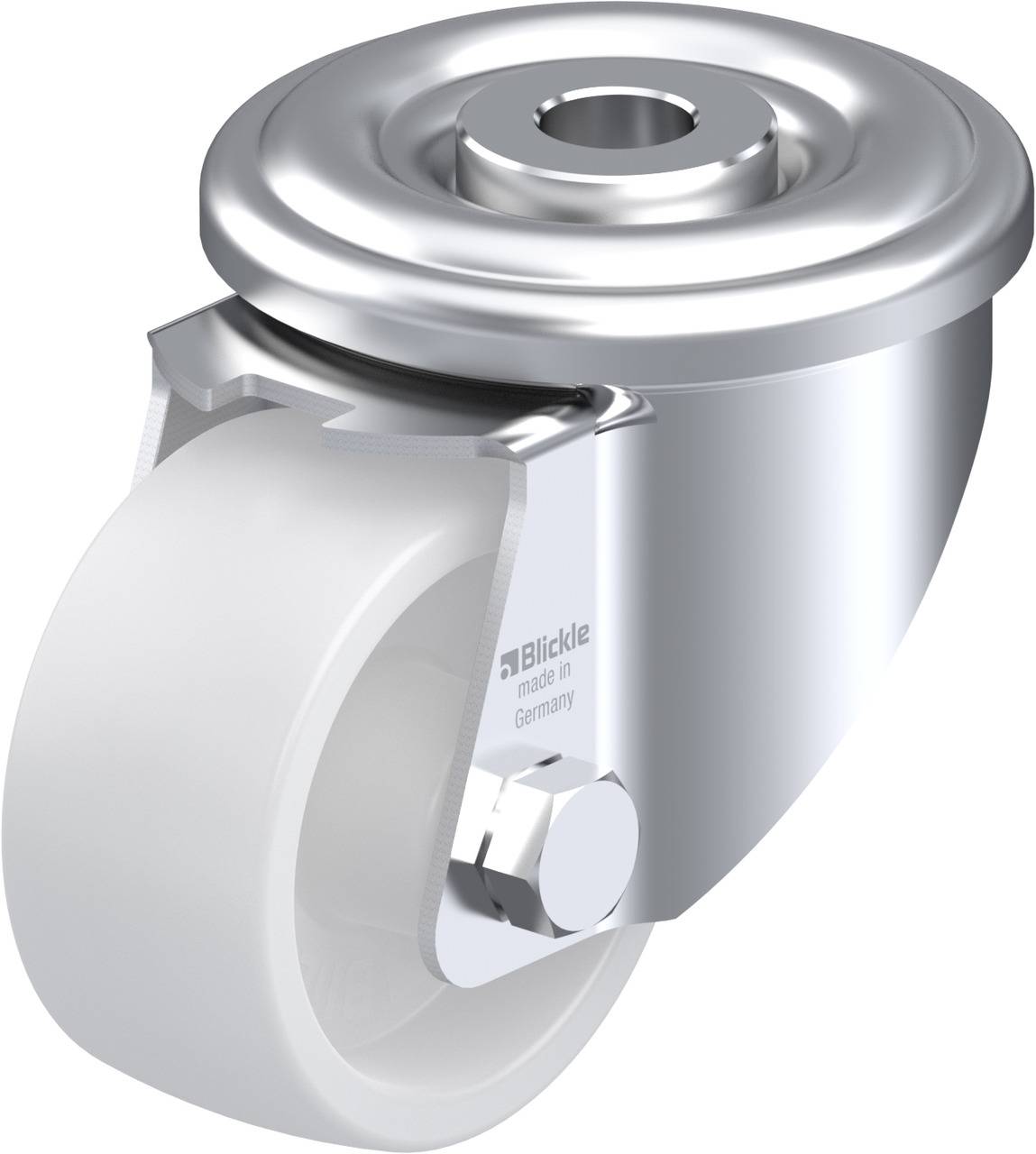 Metallisches Lenkrolle-Gehäuse mit weißem Rad und zentraler Bohrung, auf dem Gehäuse der Schriftzug 'Blickle made in Germany'.