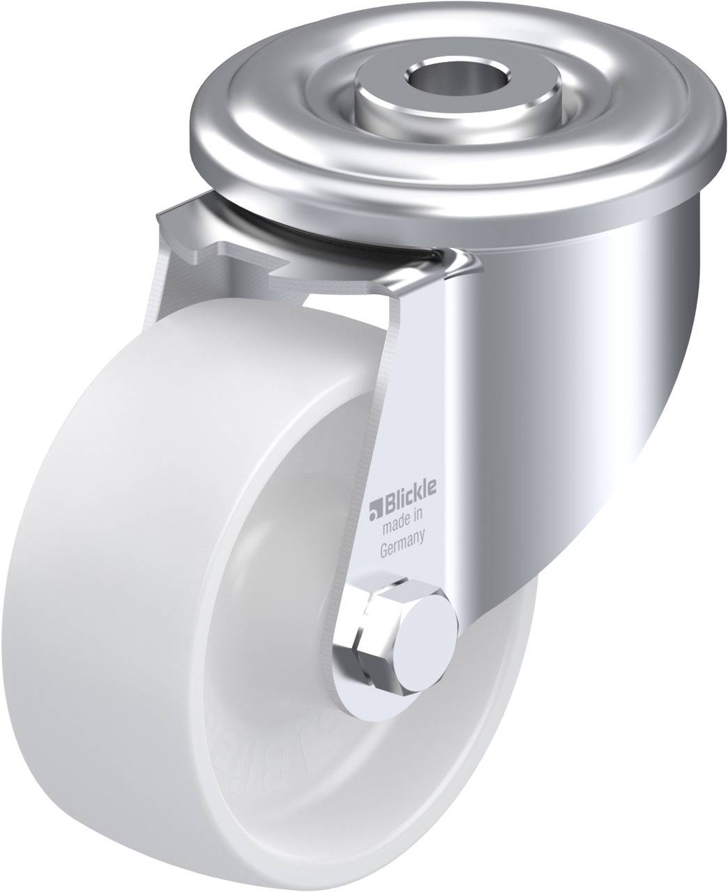 Metall-Polyamid-Lenkrolle mit Befestigungsloch. Silberfarbenes Gehäuse, weißes Rad. Hersteller 'Blickle, made in Germany'.
