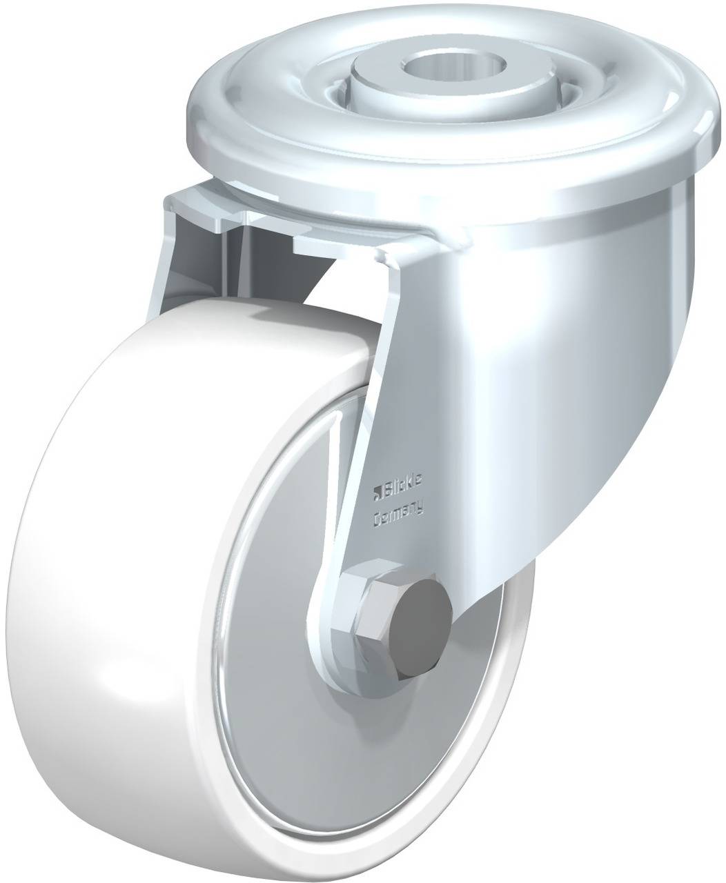 Metall-Schwenkrolle mit weißem Rad, Seitenansicht. Geeignet für rollbare Möbel oder Transportgeräte.