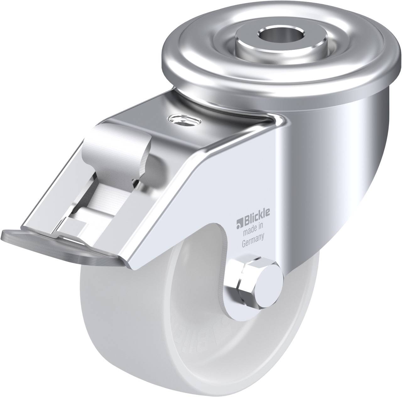 Drehbares Bockrolle aus Metall mit weißem Rad und Halterung. Markiert mit “Blickle made in Germany”.