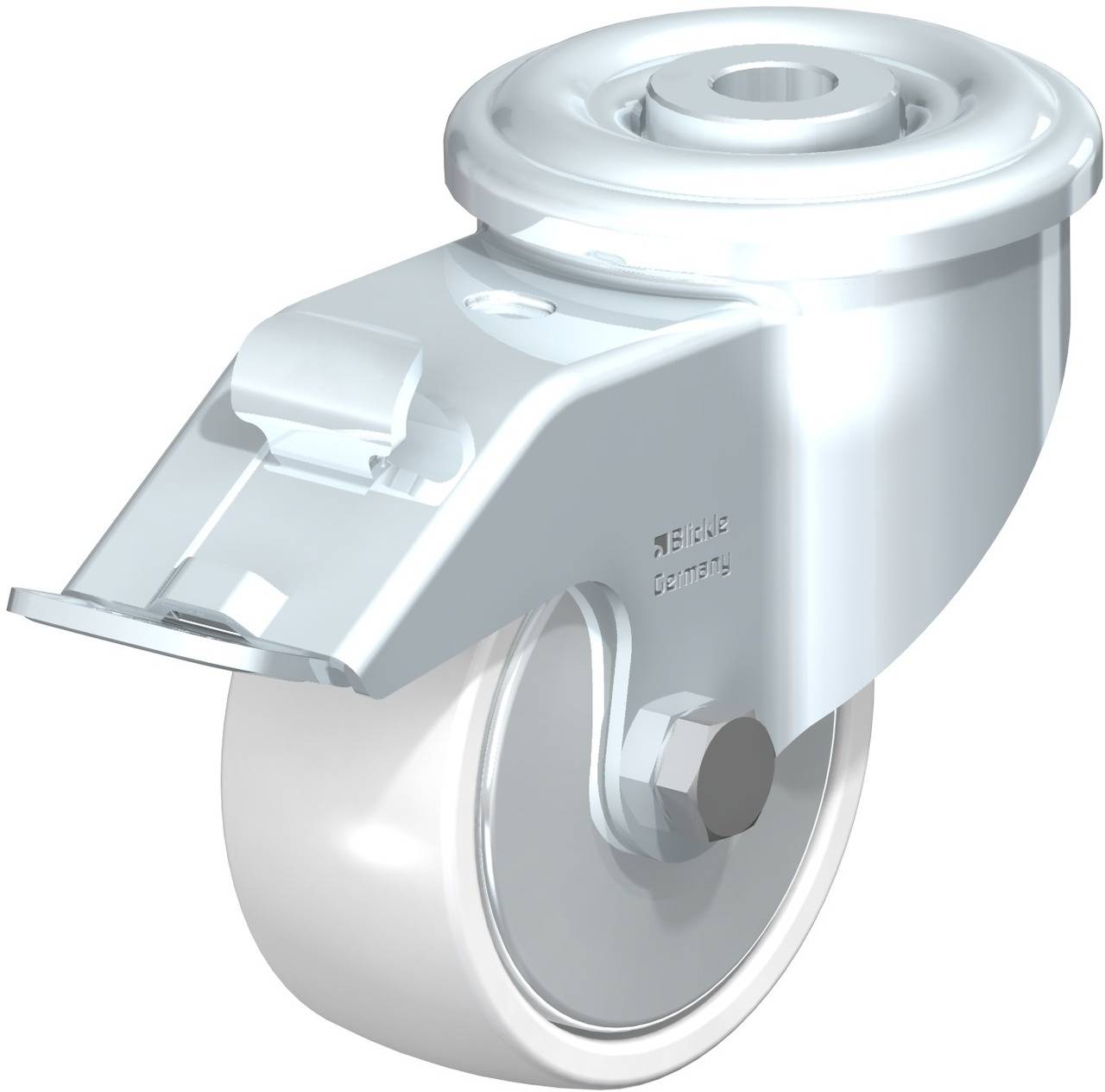 Das Bild zeigt eine einzelne, drehbare Lenkrolle aus Metall mit weißem Rad, geeignet für den industriellen Gebrauch.