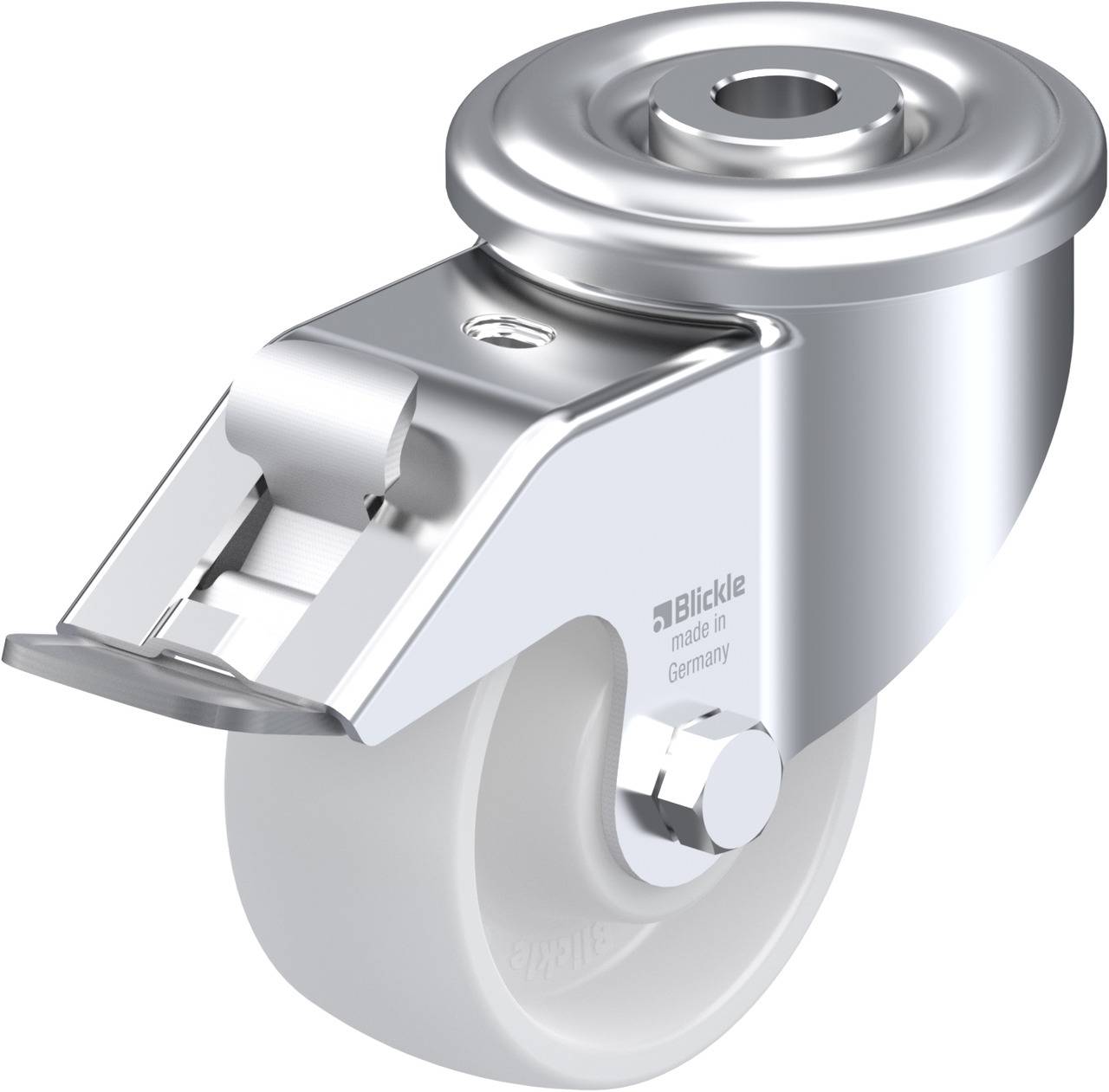 Metallisches Lenkrollenrad mit festem Gehäuse und weißem Rad. Auf der Seite steht 