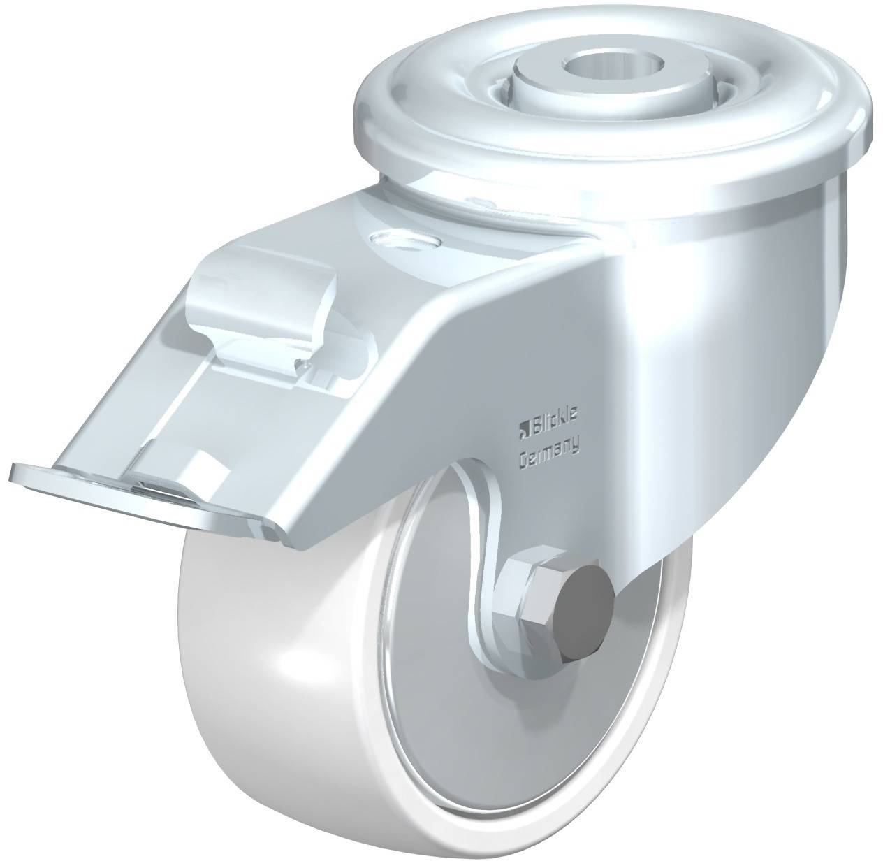 Metallrolle mit Gehäuse, seitlicher Befestigungsplatte und Schraube, geeignet für Möbel oder Transportgeräte.