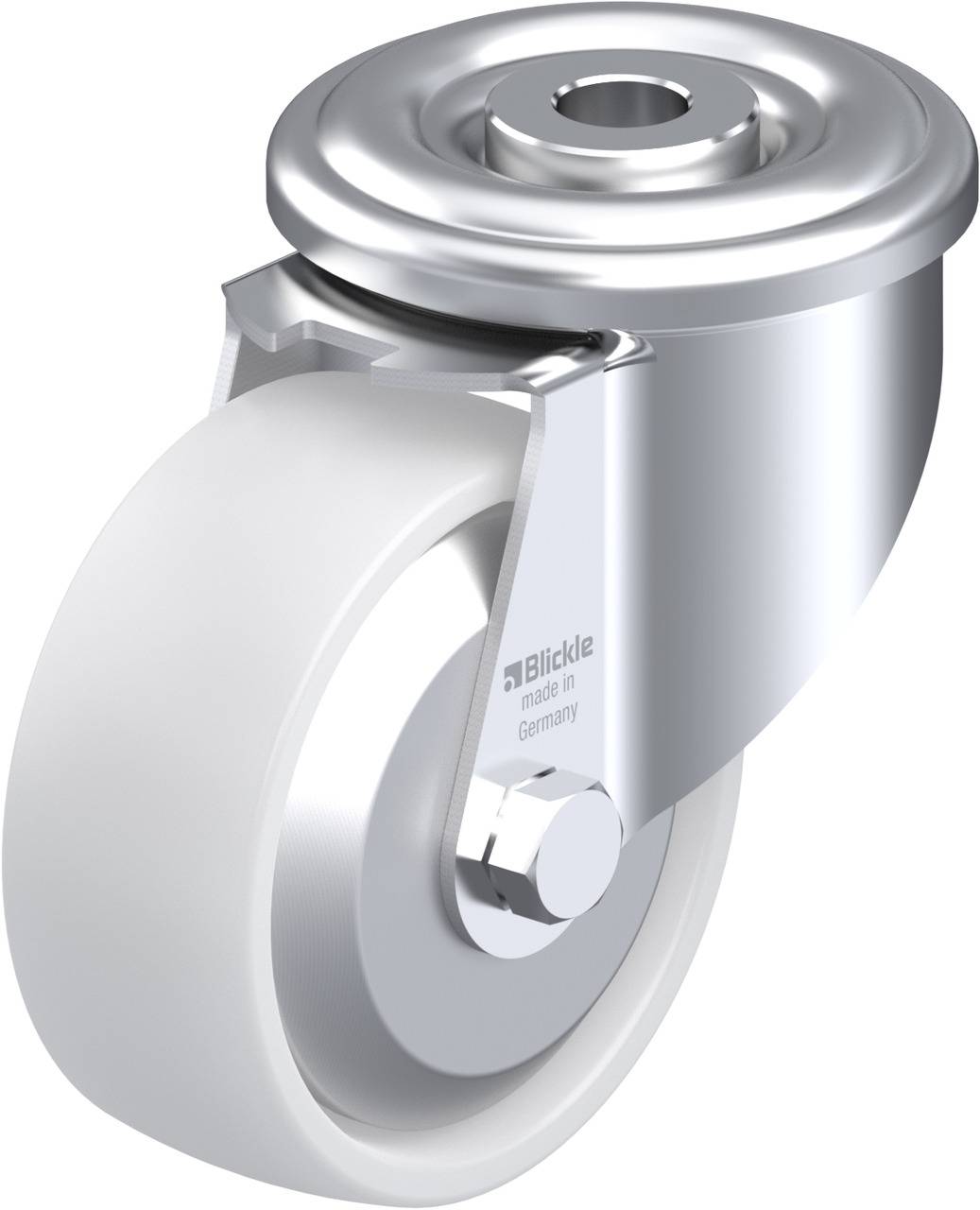 Lenkrolle mit weißem Rad und silbernem Gehäuse, geeignet für Möbel oder Transportgeräte. Drehbar für einfache Manövrierbarkeit.