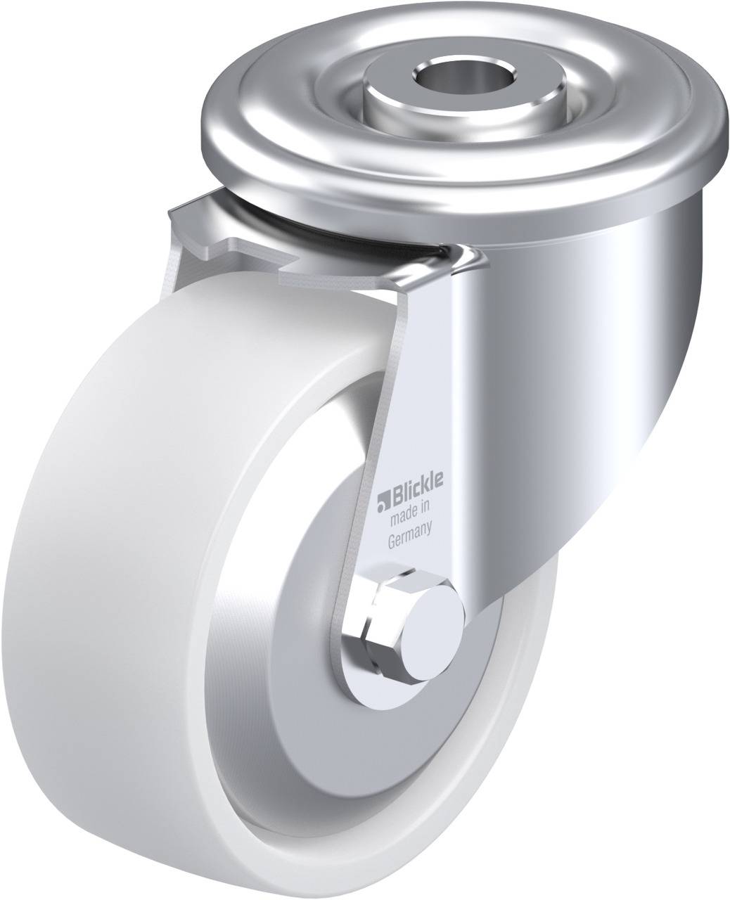 Metallisches Lenk-Rollenrad mit silbernem Gehäuse und weißem Rad. Geeignet für Möbel oder Transportkarren.