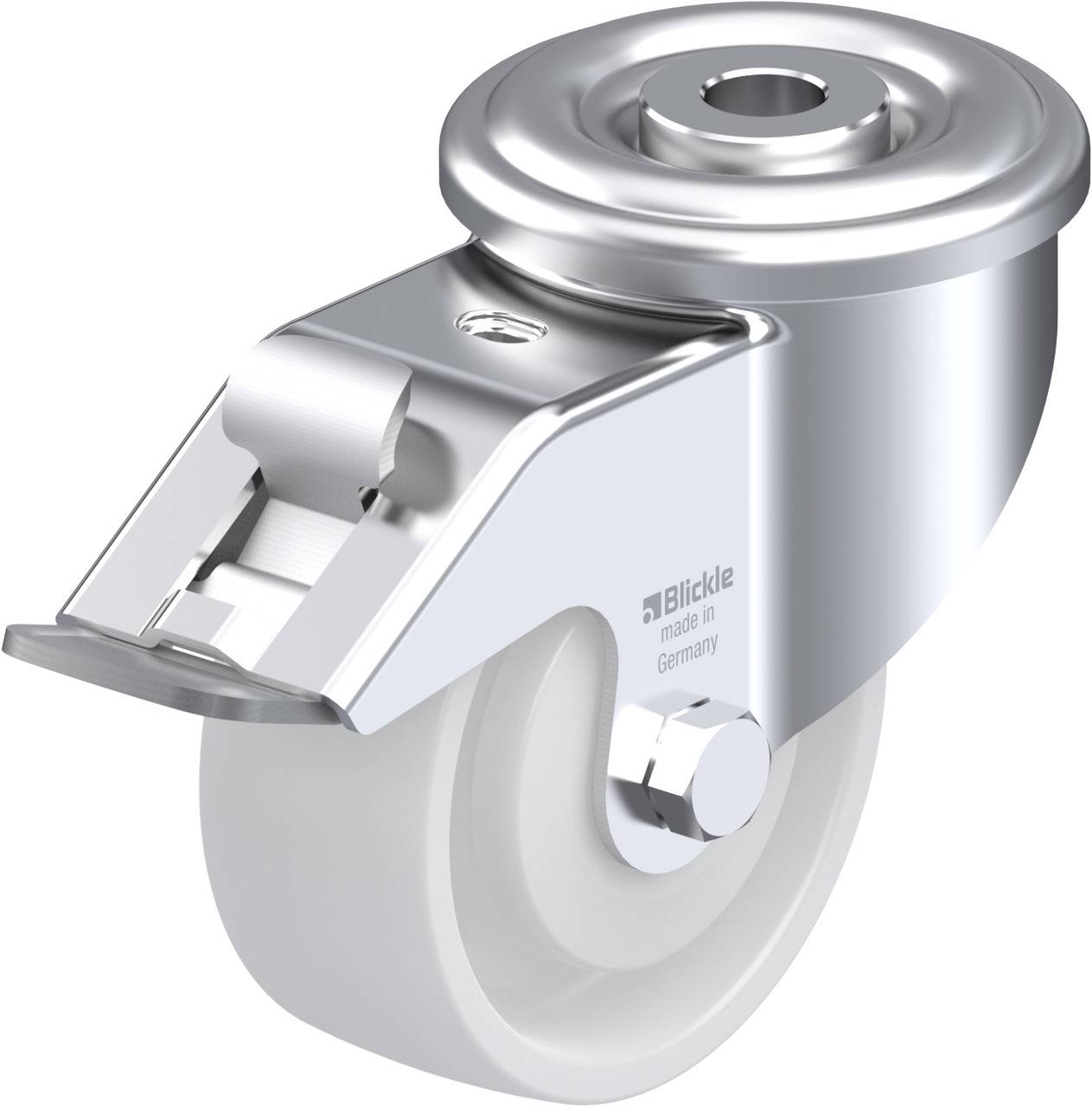 Rollenrad aus Metall und Kunststoff, glänzende Oberfläche. Herstelleraufschrift 'Blickle, made in Germany'.