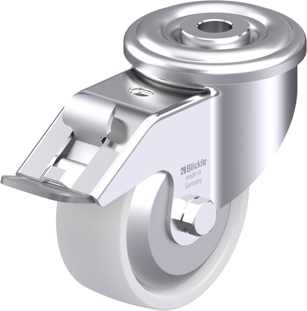 Ein robustes Lenkrollenrad aus Metall mit Befestigungsplatte. Geeignet für diverse Möbel oder Geräte zur leichten Manövrierbarkeit.
